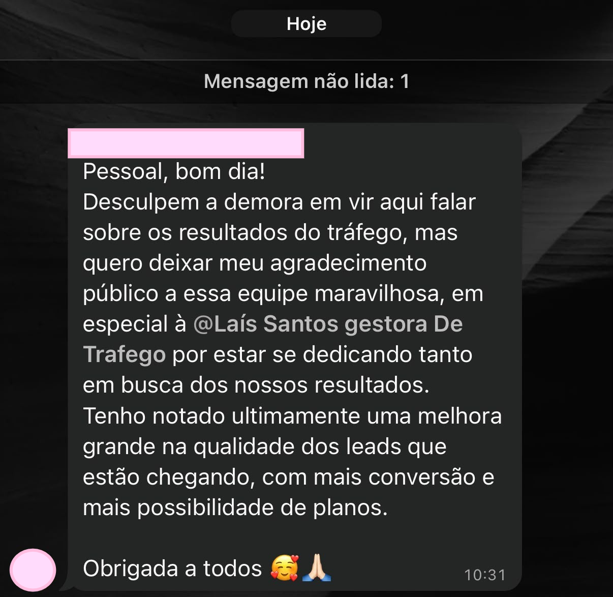 Feedback anônimo sobre melhora na qualidade dos leads